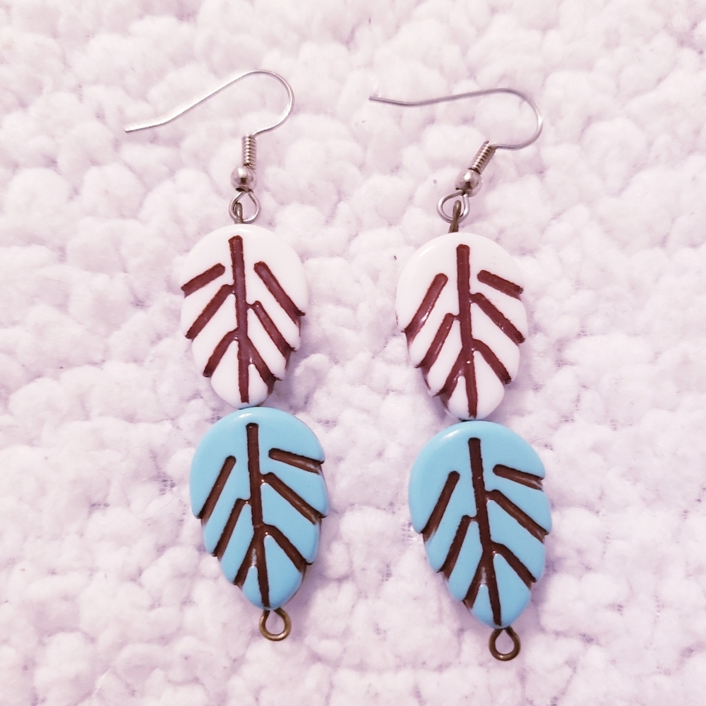 Handmade Double Leaf Beaded Dangling Earrings.